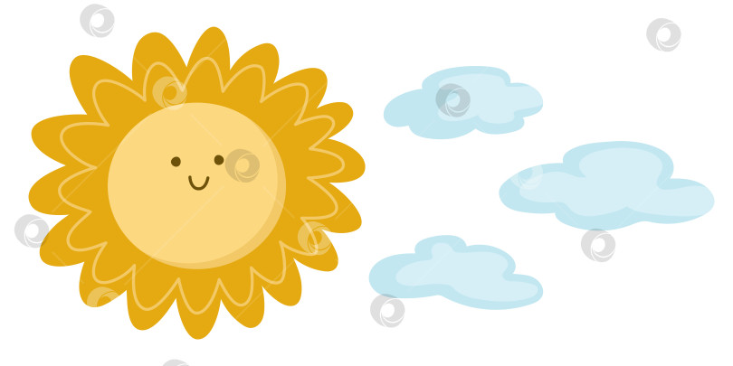 Скачать Симпатичный улыбающийся значок кавайного солнца и облаков. Векторная детская иллюстрация. Изображение желтой планеты, изолированное на белом фоне. фотосток Ozero