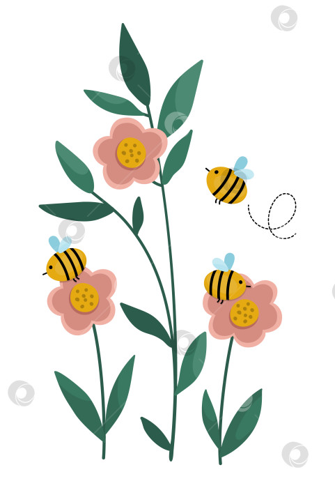 Скачать Векторные цветы с пчелами. Забавная иллюстрация со шмелями, опыляющими растения. Медоносные насекомые со значком зелени. фотосток Ozero