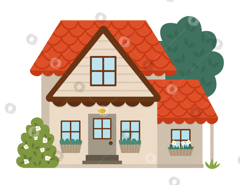 Скачать Векторный значок загородного дома, изолированный на белом фоне. Иллюстрация плоского фермерского коттеджа. Симпатичный деревянный дом с красной крышей, кустарником, окнами, деревьями. Сельский или садовый пейзаж фотосток Ozero