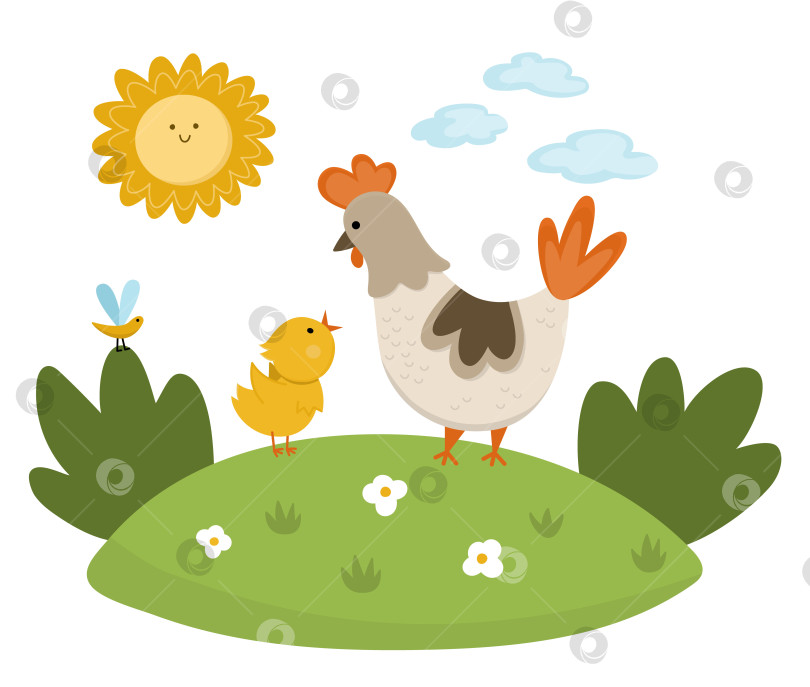 Скачать Векторная курица с детенышем цыпленка на лужайке под солнцем. Милая мультяшная иллюстрация семейной сцены для детей. Сельскохозяйственные птицы на фоне природы. Красочная картинка матери и детеныша животных для детей фотосток Ozero