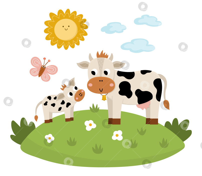 Скачать Векторная корова с ребенком на лужайке под солнцем. Милая мультяшная иллюстрация семейной сцены для детей. Сельскохозяйственные животные на естественном фоне. Красочная плоская картинка матери и младенца для детей фотосток Ozero