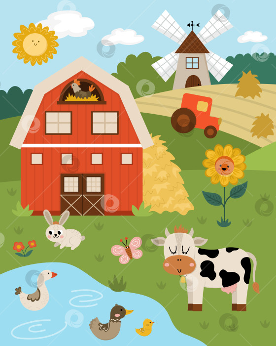 Скачать Векторная иллюстрация пейзажа фермы. Сельская сцена с животными, сараем, трактором. Симпатичный весенний или летний фон природы с прудом, лугом, коровой. Карта поля страны для детей фотосток Ozero