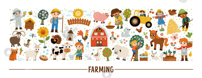 Скачать Горизонтальный набор векторных ферм с фермерами и животными. Шаблон сельской открытки или дизайн местного рынка для баннеров, приглашений. Симпатичная иллюстрация сельской местности с сараем, коровой, трактором, свиньей, курицей, цветком фотосток Ozero