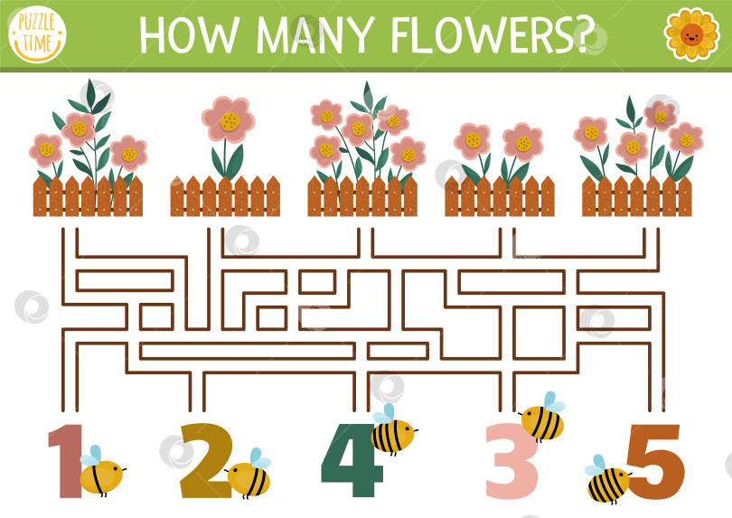 Скачать Ферма или садовый лабиринт для детей с клумбами, пчелами, забором. Занятие по подсчету в сельском дошкольном учреждении для печати. Весенняя или летняя игра-лабиринт или математическая головоломка с милыми цветами фотосток Ozero