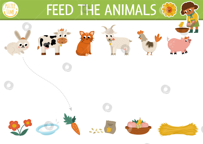 Скачать Занятие по подбору фермы с милыми животными и едой. Деревенский пазл с кроликом, коровой, кошкой, курицей, козой, свиньей. Подбирай предметы в игре. Рабочий лист для печати "Покормите животных". На странице сопоставления ферм фотосток Ozero