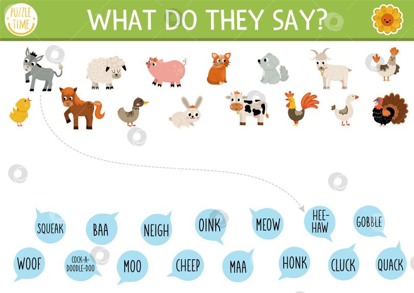 Скачать Занятие по подбору фермы с милыми животными и звуками животных. Деревенский пазл с кроликом, коровой, кошкой, курицей, козой, свиньей. Что они говорят о печатном листе? На странице сопоставления ферм фотосток Ozero
