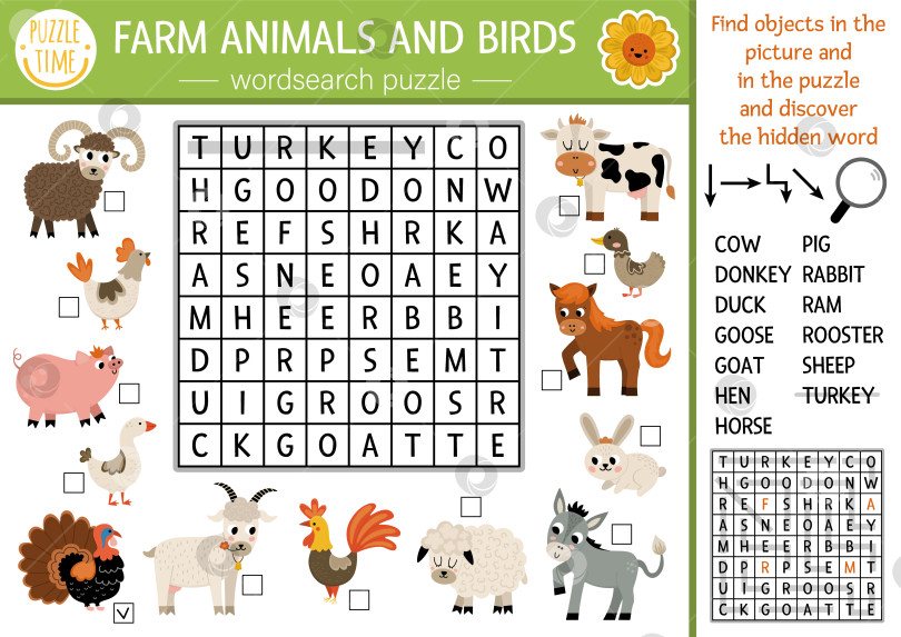 Скачать Векторная головоломка для поиска слов о сельскохозяйственных животных и птицах для детей. Простая викторина по поиску слов на ферме для детей. Загородное образовательное мероприятие с участием коровы, курицы, свиньи, козы, лошади. Сельский кроссворд фотосток Ozero