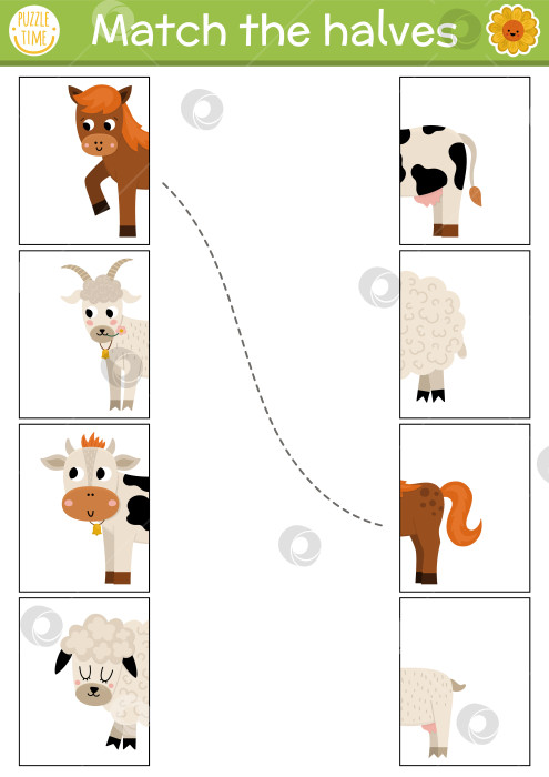 Скачать Ферма соединяет половинки рабочего листа.  Комбинационная игра "На ферме" для детей дошкольного возраста с домашними животными. Играйте в "Орел и решку" с коровой, лошадью, овцой, козой. фотосток Ozero