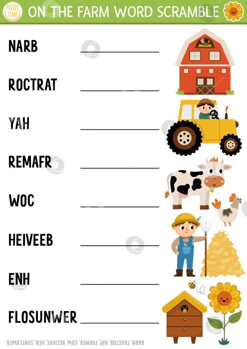Скачать Вектор на странице активности по скремблированию слов на ферме. Игра на английском языке с сараем, трактором, фермером для детей. Семейная викторина в сельской местности с ульем, коровой. Учебный лист для печати. фотосток Ozero