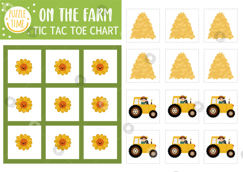 Скачать Вектор на диаграмме крестиков-ноликов фермы с фермером на тракторе и стогом сена. Игровое поле для настольной игры "Ферма" с милым персонажем. Забавный рабочий лист для печати в сельской местности. Сетка крестиков и ноликов фотосток Ozero
