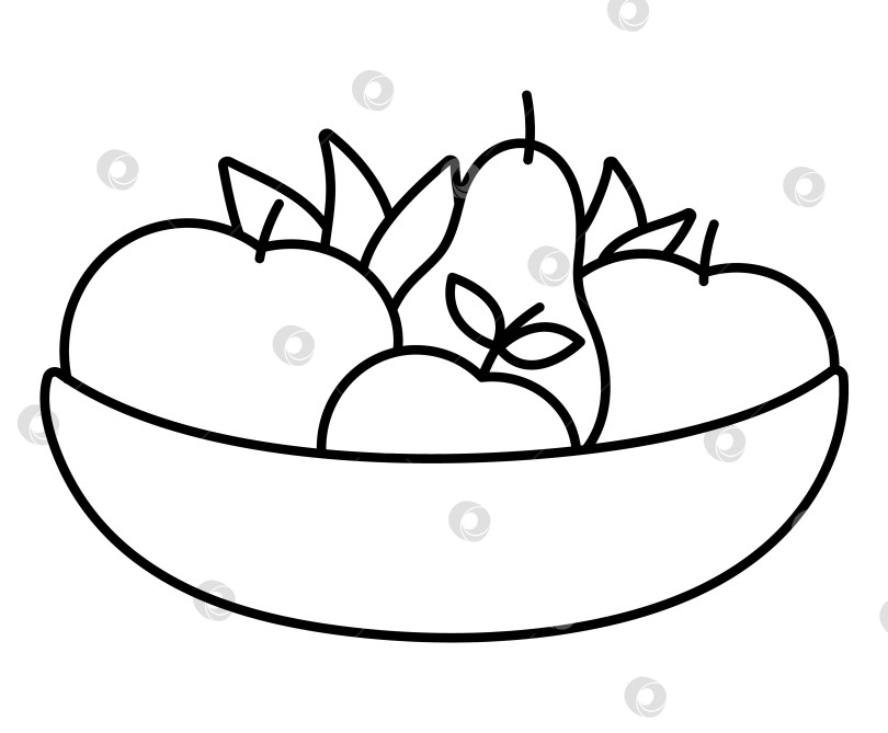 Скачать Векторная черно-белая деревянная миска с яблоками, грушами, листьями. Клипарт с контурами осеннего сада. Забавная иллюстрация фруктовой тарелки или страница-раскраска, изолированная на белом фоне. Значок линии сбора урожая на ферме фотосток Ozero