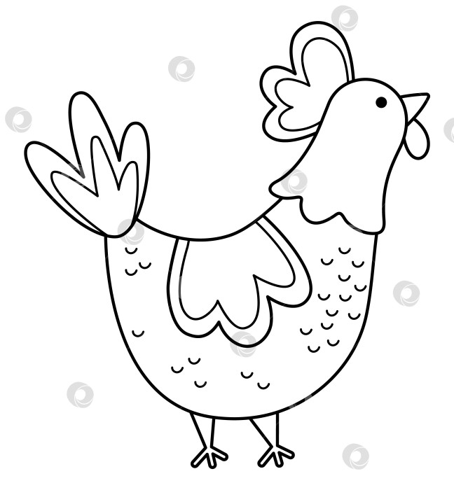 Скачать Векторный черно-белый значок курицы. Симпатичная мультяшная иллюстрация цыпленка для детей. Контур фермерской птицы, изолированный на белом фоне. Картинка с животным или раскраска для детей фотосток Ozero