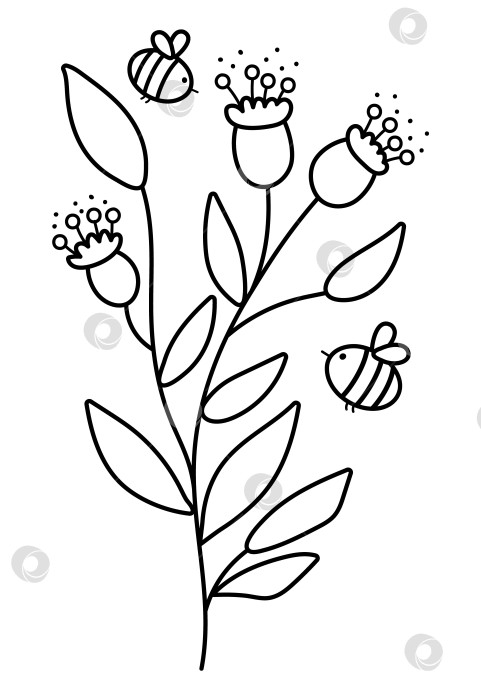Скачать Векторные черно-белые цветы с пчелами. Забавная контурная иллюстрация или раскраска со шмелями, опыляющими растения. Медоносные насекомые со значком линии зелени. фотосток Ozero
