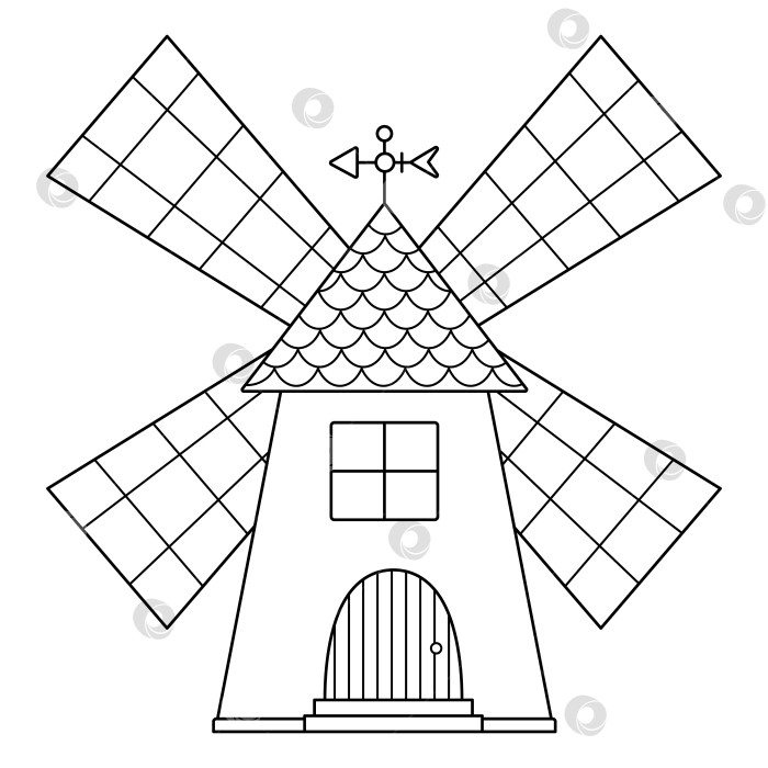 Скачать Векторный черно-белый значок ветряной мельницы, изолированный на белом фоне. Линейная иллюстрация ветряной мельницы. Симпатичные очертания фермерского домика для измельчения зерна. Картинка с надворной постройкой в сельском саду или раскраска фотосток Ozero