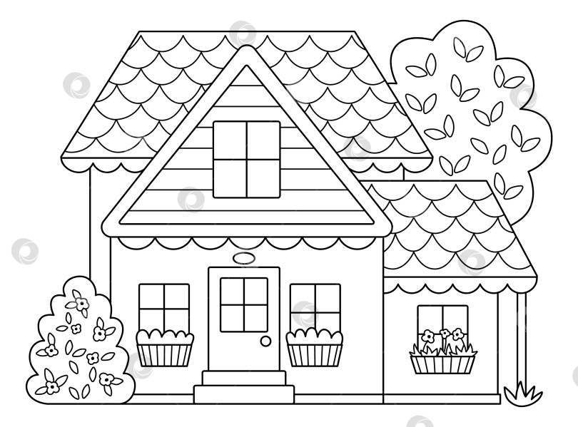 Скачать Векторный черно-белый значок линии загородного дома, изолированный на белом фоне. Иллюстрация фермерского коттеджа или страница-раскраска. Симпатичный деревянный дом с кустарником, окнами, деревьями. Сельский или садовый пейзаж фотосток Ozero