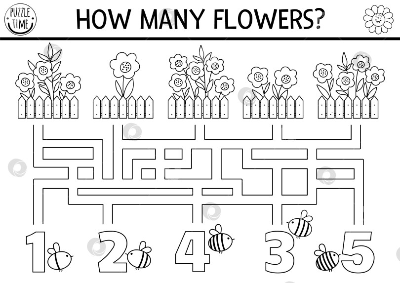 Скачать Черно-белая ферма или садовый лабиринт для детей с клумбами, пчелами, забором. Занятие по подсчету в дошкольном учреждении "Сельская линия" для печати. Игра-раскраска лабиринт или математическая головоломка с милыми цветами фотосток Ozero