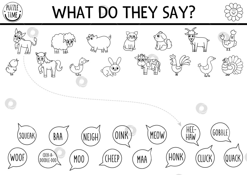 Скачать Черно-белая ферма, сочетающая в себе действия с милыми животными и звуками животных. Головоломка в стиле кантри с кроликом, коровой, кошкой, курицей, свиньей. Что они говорят о листе раскраски для печати? На ферме совпадают фотосток Ozero