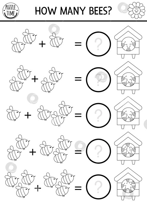 Скачать Сколько пчел играют с милыми насекомыми. На ферме черно-белое упражнение по сложению чисел по математике. Простая линейная ферма, печатный лист для подсчета или раскраска для детей с пчелиным ульем фотосток Ozero