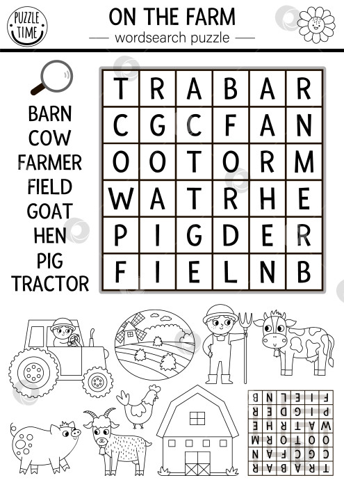 Скачать Векторная черно-белая головоломка для поиска слов на ферме для детей. Простая викторина по поиску слов на ферме. Загородный отдых с коровой, фермером, трактором, сараем. Раскраска "Сельская деревня с перекрестными словами" фотосток Ozero