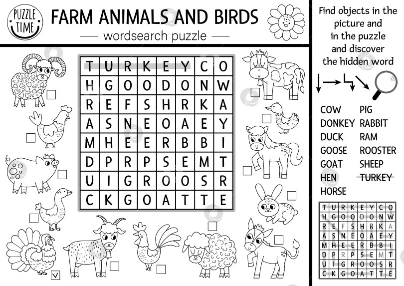 Скачать Векторная черно-белая головоломка для поиска слов с сельскохозяйственными животными и птицами для детей. Простая викторина в строке поиска слов на ферме. Загородное образовательное мероприятие с коровой, курицей, свиньей. Раскраска сельского кроссворда фотосток Ozero