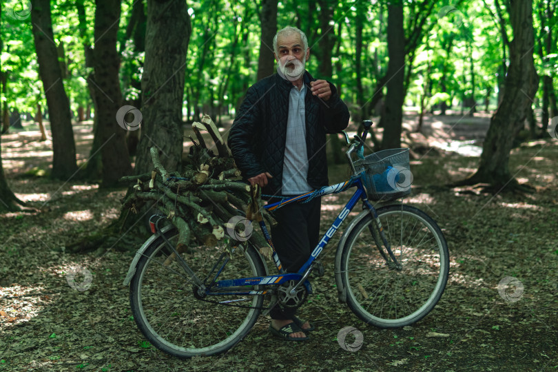 Скачать мужчина с велосипедом собирает валежник в лесу фотосток Ozero