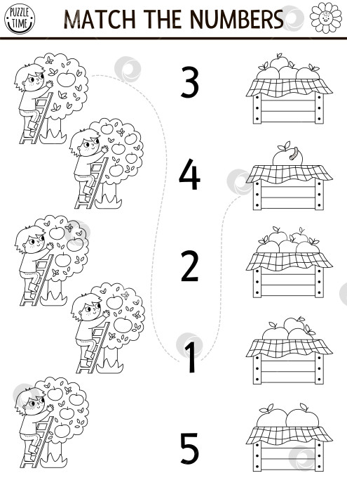 Скачать Сопоставьте цифры в черно-белой фермерской игре с фермером, яблоками. Занятие по математике в сельской местности или саду или раскраска. На ферме учебный счетовод с фруктовым деревом фотосток Ozero
