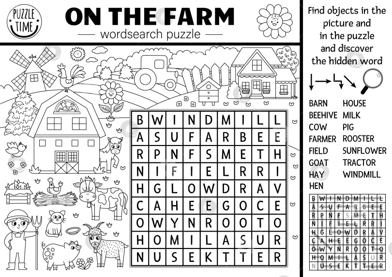 Скачать Векторная черно-белая головоломка для поиска слов на ферме для детей. Простая викторина по поиску слов на ферме с деревенским пейзажем. Занятие с коровой, фермером, сараем. Раскраска с перекрестными словами и деревенской сценой фотосток Ozero