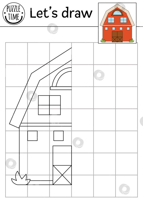 Скачать Завершите картину сарая. Вектор на рабочем листе для практики симметричного рисования фермы. Черно-белое занятие для дошкольников, пригодное для печати. Скопируйте картинку сельская игра в стиле кантри с сараем фотосток Ozero