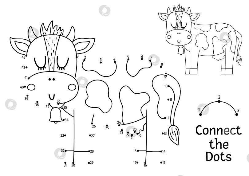 Скачать Векторная точечная и цветовая активность с милой коровой. На ферме соедини точки - игра для детей с забавными фермерскими животными. Раскраска для детей в сельской местности. Рабочий лист для печати фотосток Ozero