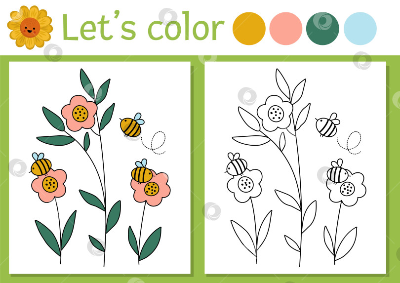 Скачать На странице раскраски для детей "Ферма" с пчелами и цветами. Векторная иллюстрация контура сельской местности с милыми медоносными насекомыми. Раскраска для детей с цветным примером. Навыки рисования доступны для печати фотосток Ozero