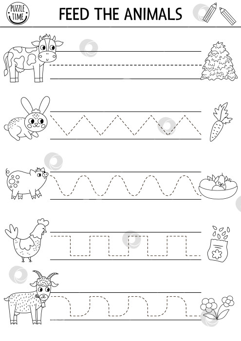 Скачать Вектор на рабочем листе для отработки рукописного ввода на ферме. Черно-белое занятие для детей дошкольного возраста в сельской местности, пригодное для печати. Игра-трассировка для развития навыков письма. Раскраска "Накорми сельскохозяйственных животных" фотосток Ozero