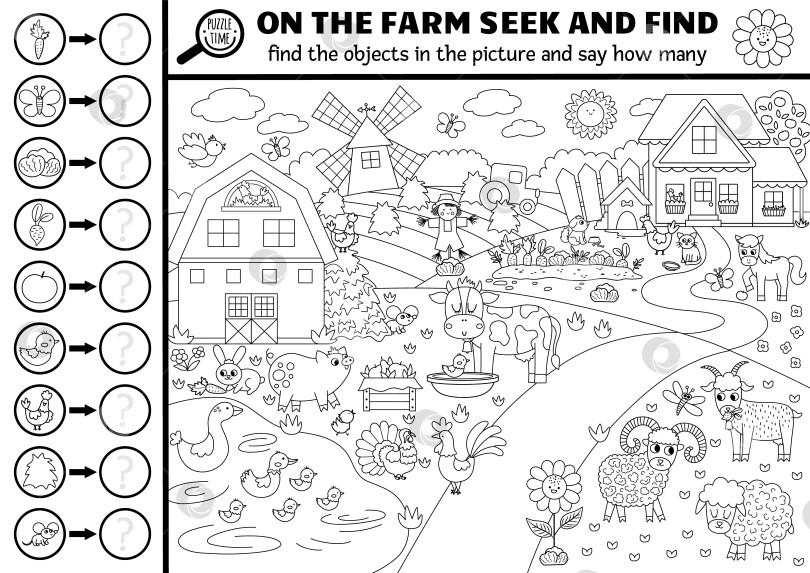 Скачать Векторная черно-белая игра по поиску фермы с сельским пейзажем. Найдите скрытые объекты, скажите, сколько их. Простое занятие по поиску и нахождению на ферме, а также подсчет очков или раскраска фотосток Ozero