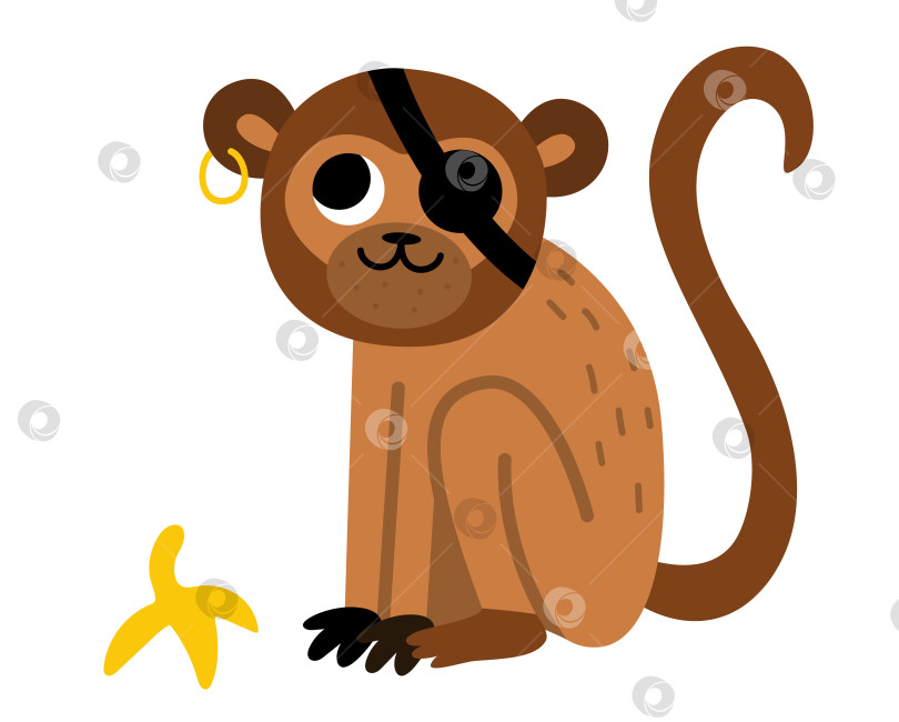 Скачать Векторный значок пиратской обезьяны. Симпатичная иллюстрация одноглазого животного. Охотник за сокровищами с банановой кожурой. Забавный элемент пиратской вечеринки для детей. Изображение тропической обезьяны с повязкой на глазу и серьгой фотосток Ozero