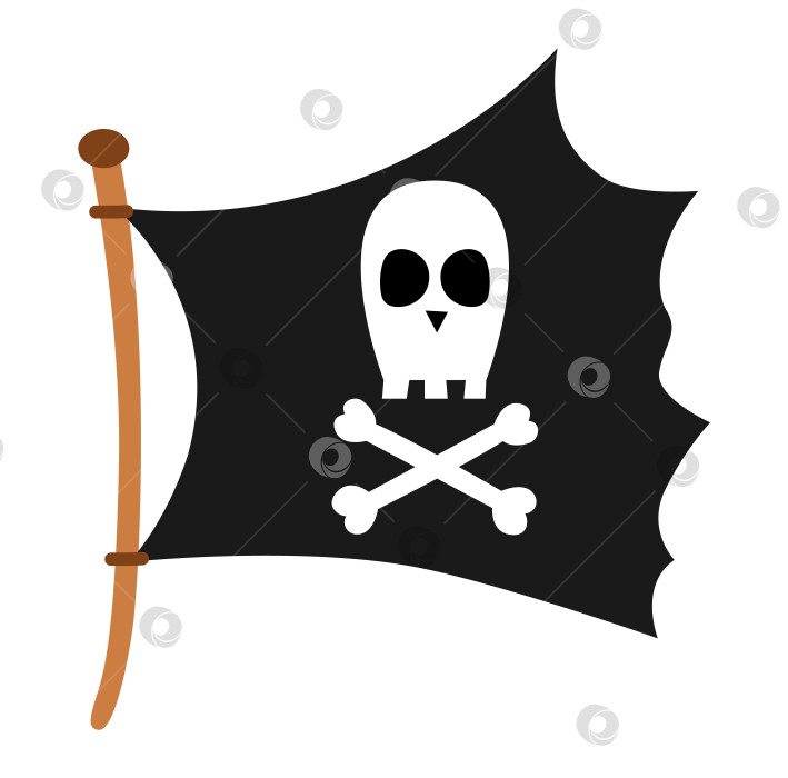 Скачать Значок пиратского флага. Вымпел рейдерского корабля со скрещенными костями и изображением черепа.  Черное знамя морского разбойника. Элемент поиска сокровищ, выделенный на белом фоне фотосток Ozero