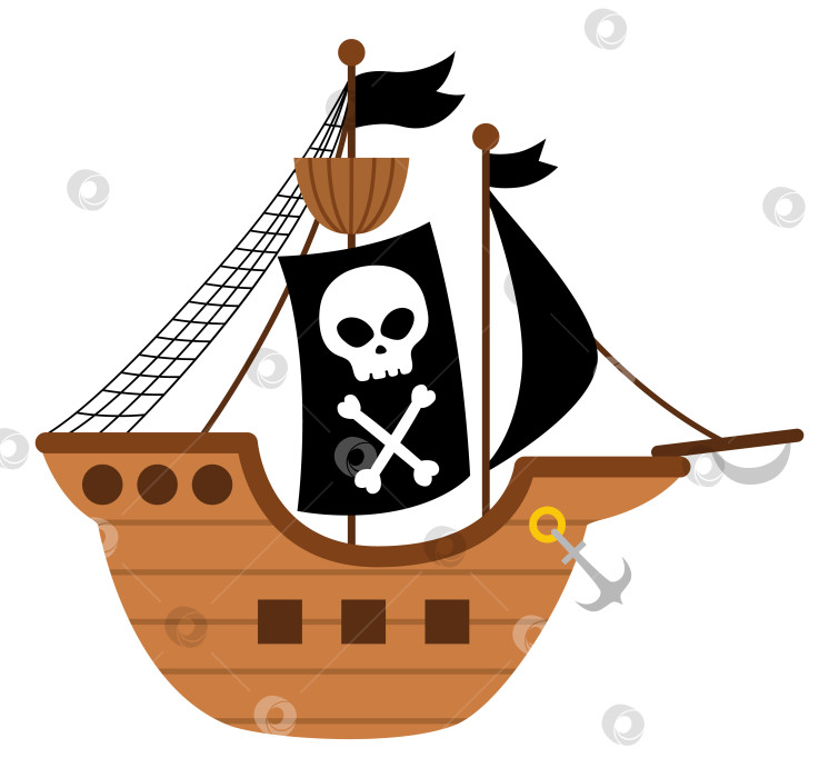 Скачать Векторный значок пиратского корабля. Симпатичная иллюстрация морского судна. Лодка охотника за сокровищами на острове сокровищ с черными парусами, черепом и скрещенными костями. Забавный элемент пиратской вечеринки для детей, выделенный на белом фоне. фотосток Ozero