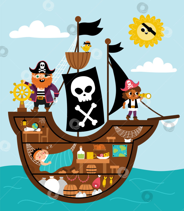 Скачать Векторная сцена пиратского корабля. Интерьер рейдерского судна с пиратами, грузовой отсек, каюта, кабинет капитана. Иллюстрация "Охоты за сокровищами" с лодкой внутри, спящим моряком, попугаем. Морской пейзаж для книжки с картинками фотосток Ozero