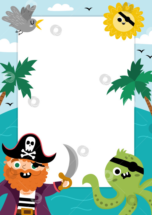 Скачать Шаблон поздравительной открытки для пиратской вечеринки с милым капитаном, морским пейзажем и пальмами. Вертикальный плакат "Остров сокровищ" или приглашение для детей. Яркая иллюстрация к морскому отдыху с местом для текста фотосток Ozero