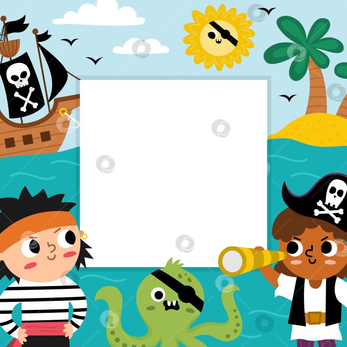 Скачать Шаблон поздравительной открытки для пиратской вечеринки с милым капитаном, морским пейзажем и пальмами. Плакат на площади острова сокровищ или приглашение для детей. Яркая иллюстрация к морскому отдыху с местом для текста фотосток Ozero