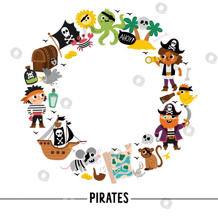 Скачать Векторная пиратская круглая рамка с пиратами, кораблем и животными. Шаблон открытки с венком на границе острова сокровищ или дизайн морской вечеринки для баннеров, приглашений. Симпатичная иллюстрация к морским приключениям фотосток Ozero