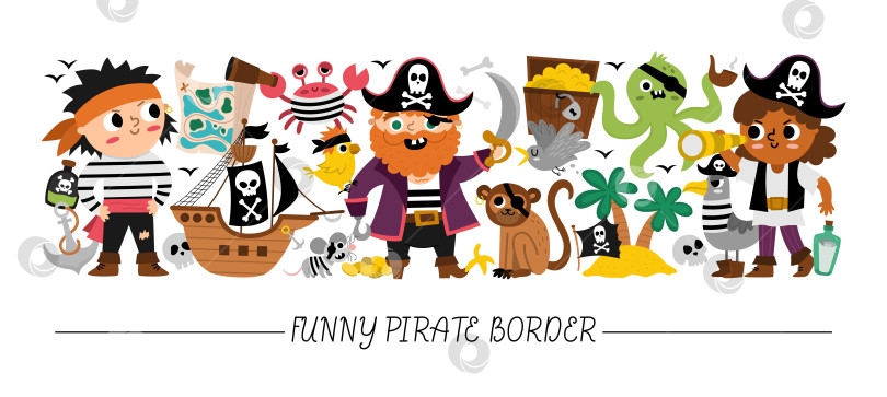 Скачать Векторная горизонтальная рамка с милыми пиратами и животными. Дизайн шаблона открытки "Морские приключения" с милыми персонажами. Симпатичная граница острова сокровищ с крабом, капитаном, моряками, осьминогом, сундуком, картой фотосток Ozero