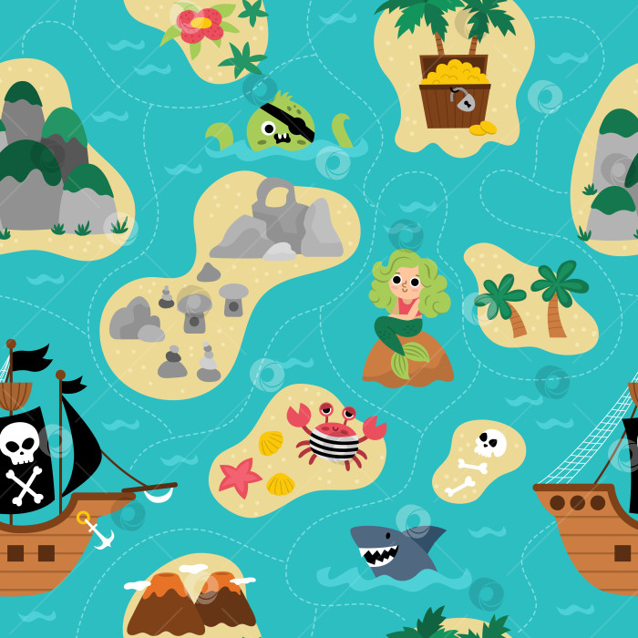 Скачать Векторный бесшовный узор острова сокровищ с пиратским кораблем, русалкой, осьминогом. Симпатичный повторяющийся фон с тропическими морскими островами, песком, пальмами, вулканом, скалами. Цифровая бумага "Остров сокровищ" фотосток Ozero