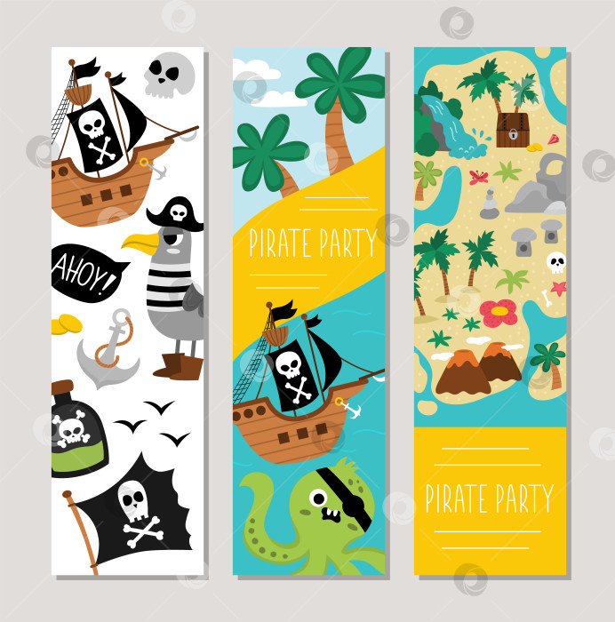 Скачать Симпатичный набор пиратских вертикальных карточек с кораблем, капитаном, сундуком, картой, пальмами, осьминогом, чайкой. Векторные шаблоны вертикальной печати острова сокровищ. Дизайн закладок для вечеринок в морском стиле фотосток Ozero