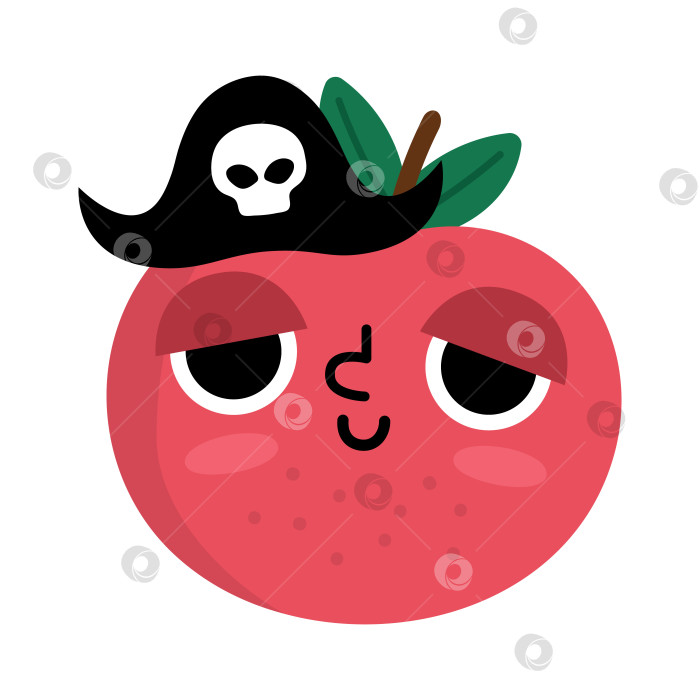 Скачать Векторный забавный значок кавайного яблока. Иллюстрация пиратского фрукта. Комический плод растения с глазами, пиратской шляпой и ртом, выделенными на белом фоне. Клипарт с полезной едой в летнем саду. фотосток Ozero
