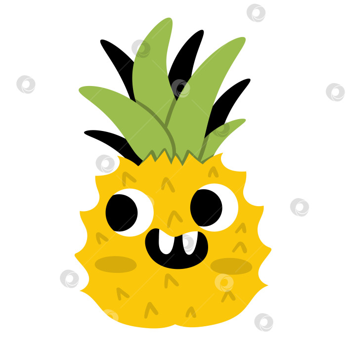 Скачать Векторный забавный значок кавайного ананаса. Иллюстрация пиратского фрукта. Комический плод растения с глазами и ртом, выделенными на белом фоне. Клипарт со здоровой летней едой. фотосток Ozero