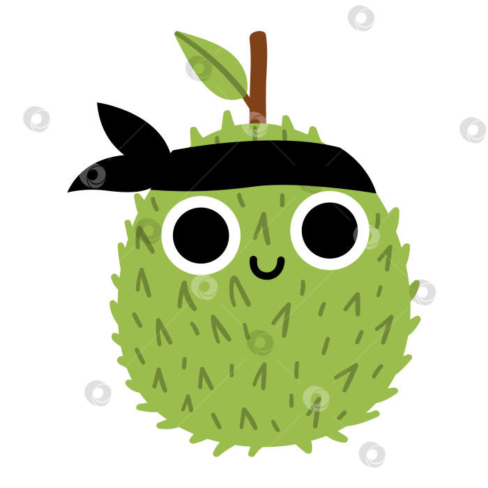 Скачать Векторная забавная кавайная иконка дуриана. Иллюстрация пиратского фрукта. Комическое растение с глазами, повязкой на голове и ртом, выделенными на белом фоне. Клипарт со здоровой летней едой. фотосток Ozero