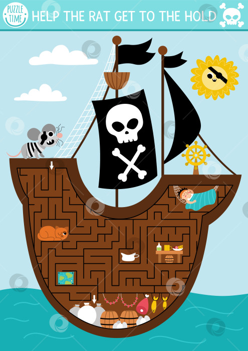 Скачать Пиратский лабиринт для детей с морским пейзажем и интерьером корабля. Занятие для печати в дошкольном учреждении "Охота за сокровищами". Морские приключения - игра-лабиринт или головоломка. Помогите крысе добраться до трюма фотосток Ozero