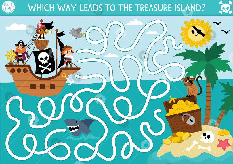 Скачать Пиратский лабиринт для детей с морским пейзажем, кораблем, островом сокровищ. Занятие для дошкольников "Охота за сокровищами" для печати с сундуком, монетами, акулой, солнцем, пальмами. Морские приключения игра-лабиринт или головоломка фотосток Ozero