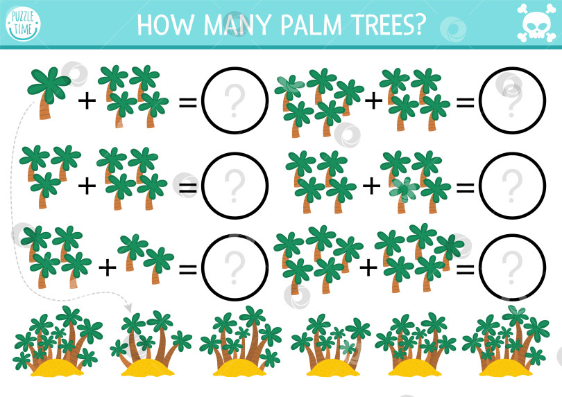 Скачать Сколько в игре пальм. Занятие по сложению математики на тропическом острове для детей дошкольного возраста. Простой летний печатный лист для подсчета голосов для детей с изображением зелени джунглей фотосток Ozero