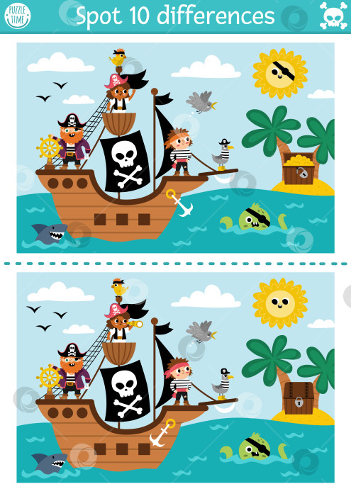 Скачать Игра "Найди отличия" для детей. Образовательное мероприятие "Морские приключения" с милым пиратским кораблем и островом сокровищ. Головоломка для детей с забавной сценкой. Рабочий лист или страница для морской печати фотосток Ozero