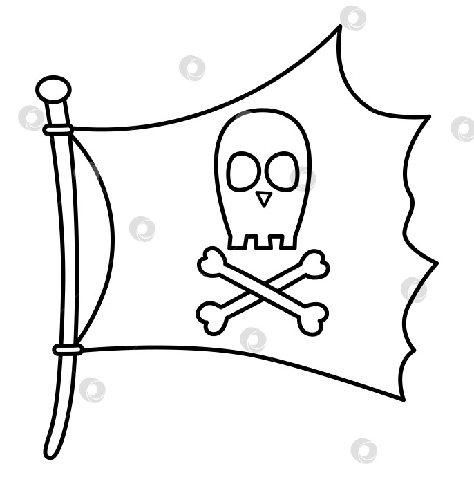 Скачать Черно-белый значок пиратского флага. Вымпел линейного рейдерского корабля с изображением скрещенных костей и черепа.  Набросок знамени морского разбойника. Элемент поиска сокровищ или раскраска фотосток Ozero
